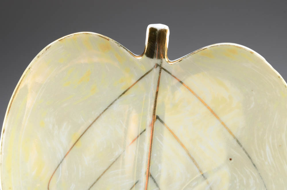 Three Piece Porcelain Cigarette Set and Leaf Dish