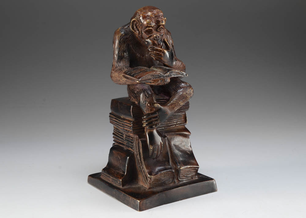 Brass Statuette of Monkey Reading