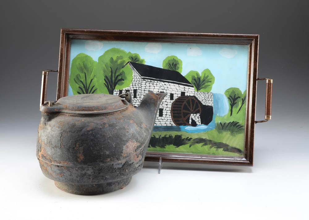 Hand Painted Folk Art Tray and Cast Iron Kettle
