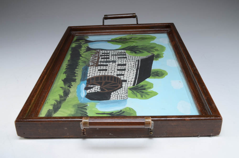 Hand Painted Folk Art Tray and Cast Iron Kettle