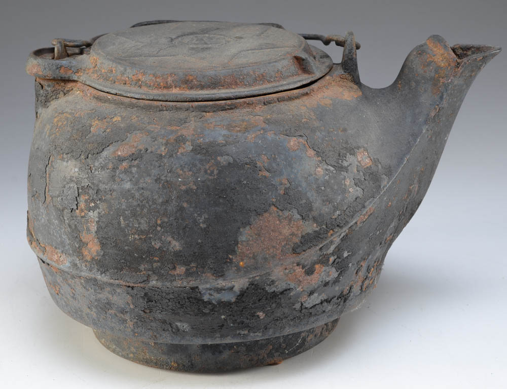 Hand Painted Folk Art Tray and Cast Iron Kettle