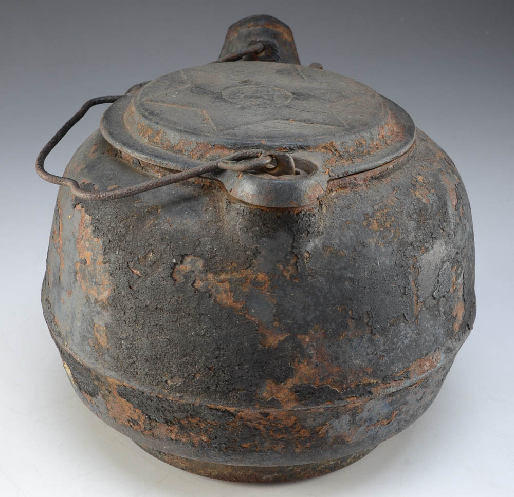 Hand Painted Folk Art Tray and Cast Iron Kettle