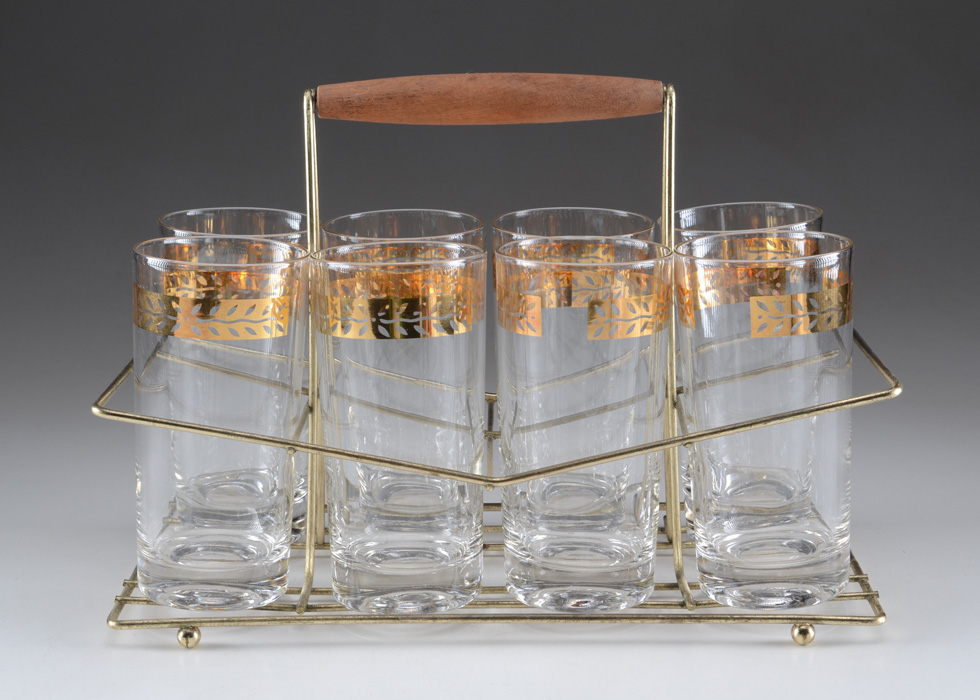 Vintage Glass Tumblers in Metal Carrier
