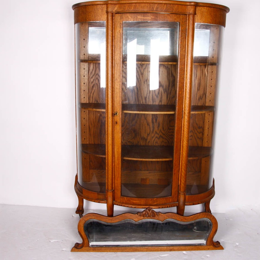 Antique Oak Curio Cabinet with Carved Mirror