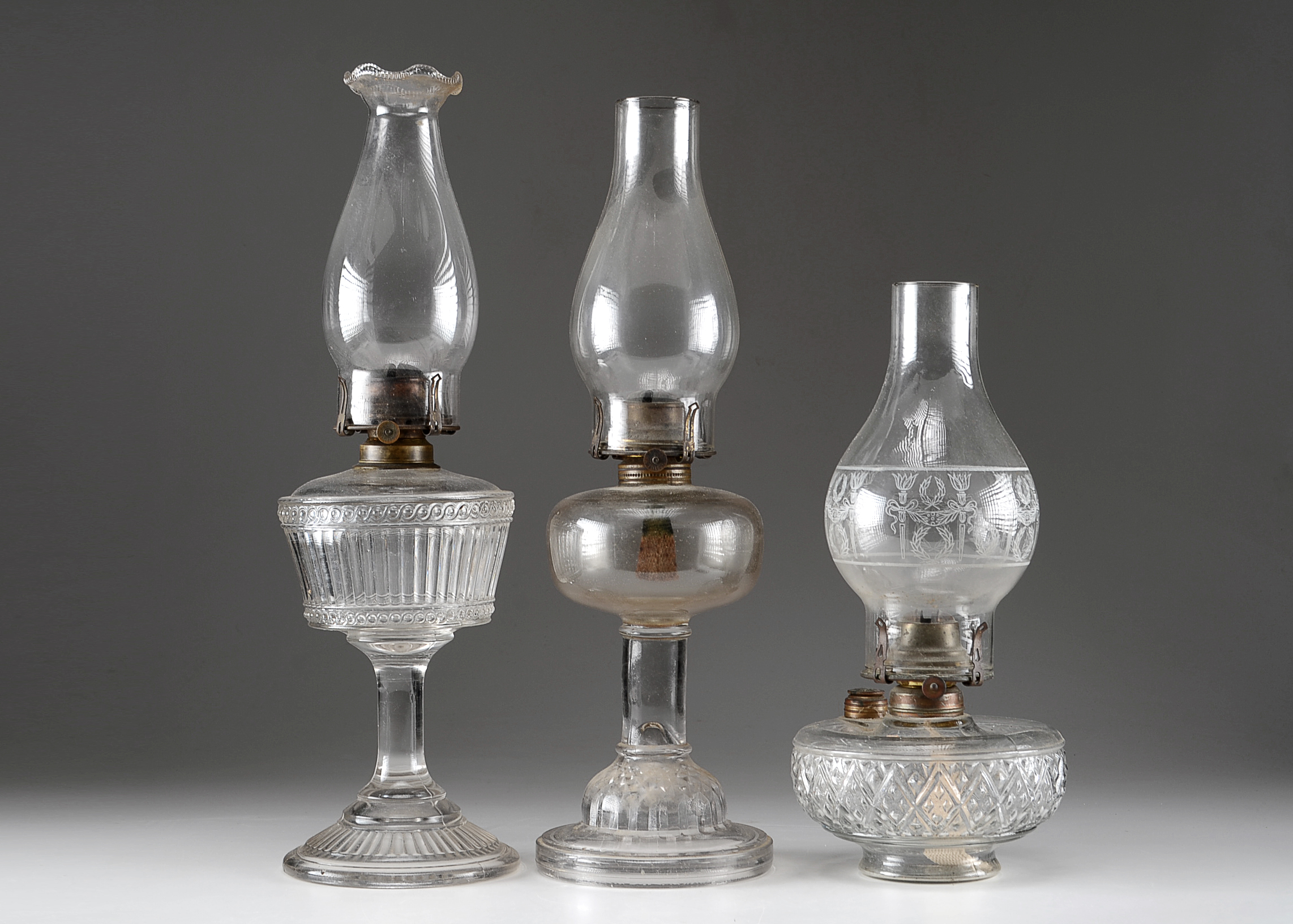 Three Kerosene Pressed Glass Lamps