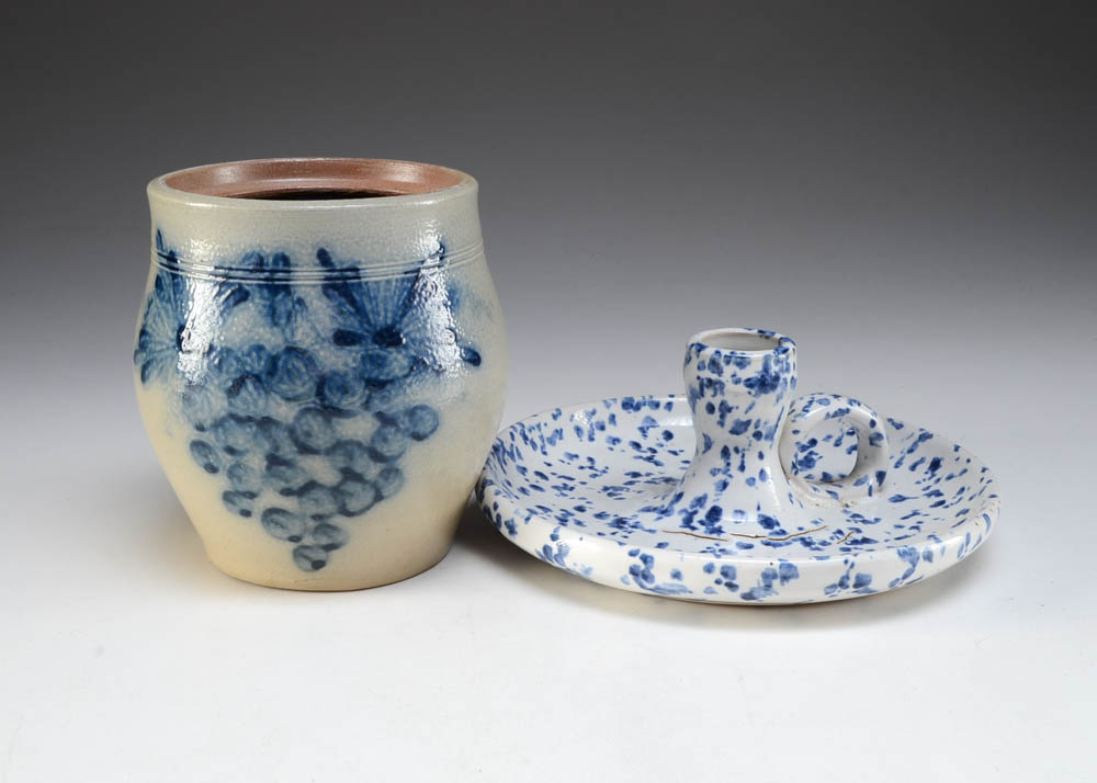 Stoneware Crock and Spatterware Chamberstick