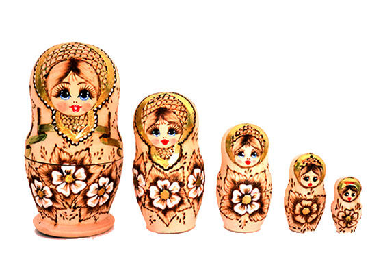 Pyrographed Five-Piece Gilt Matryoshka Doll Set
