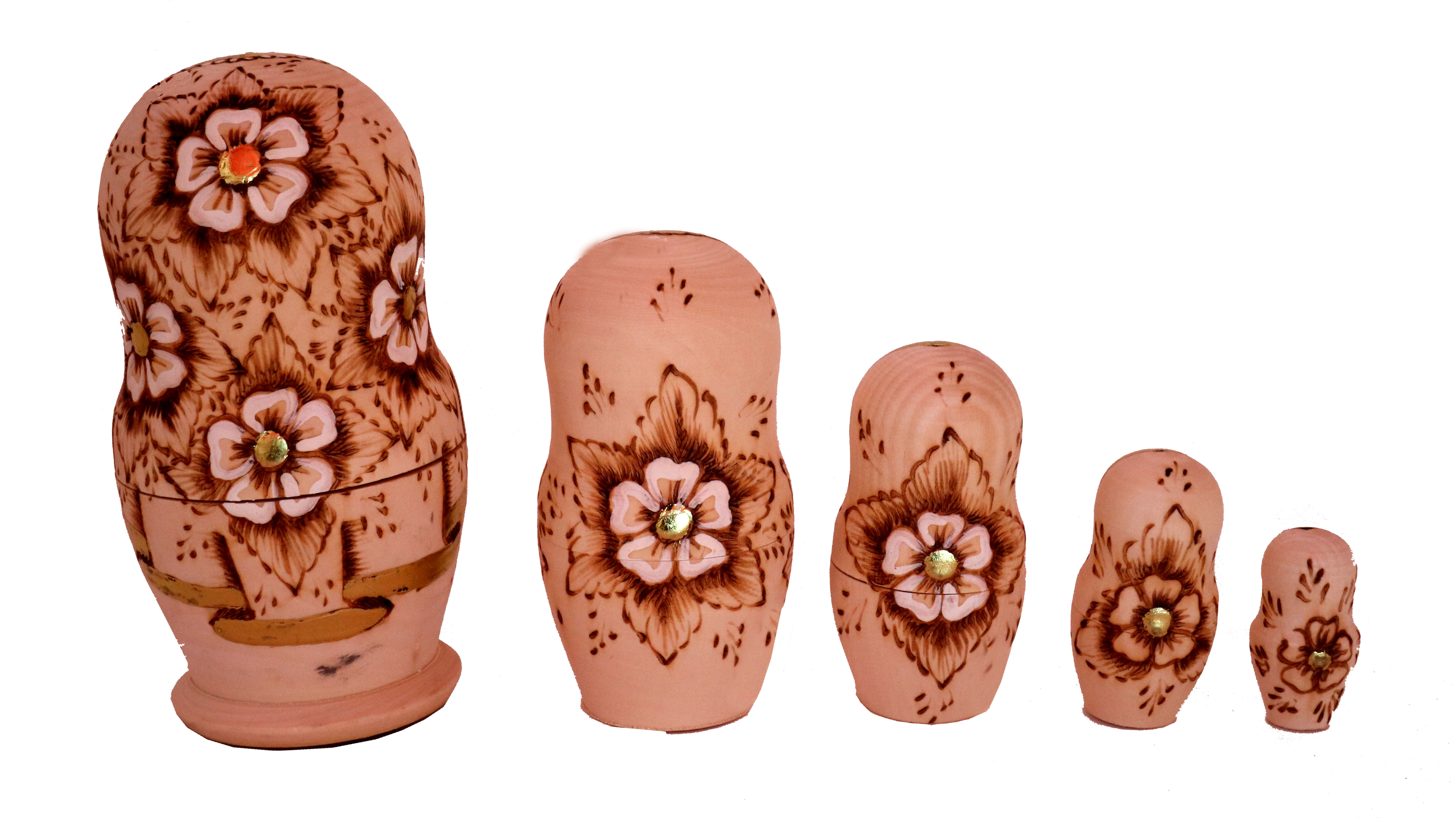 Pyrographed Five-Piece Gilt Matryoshka Doll Set