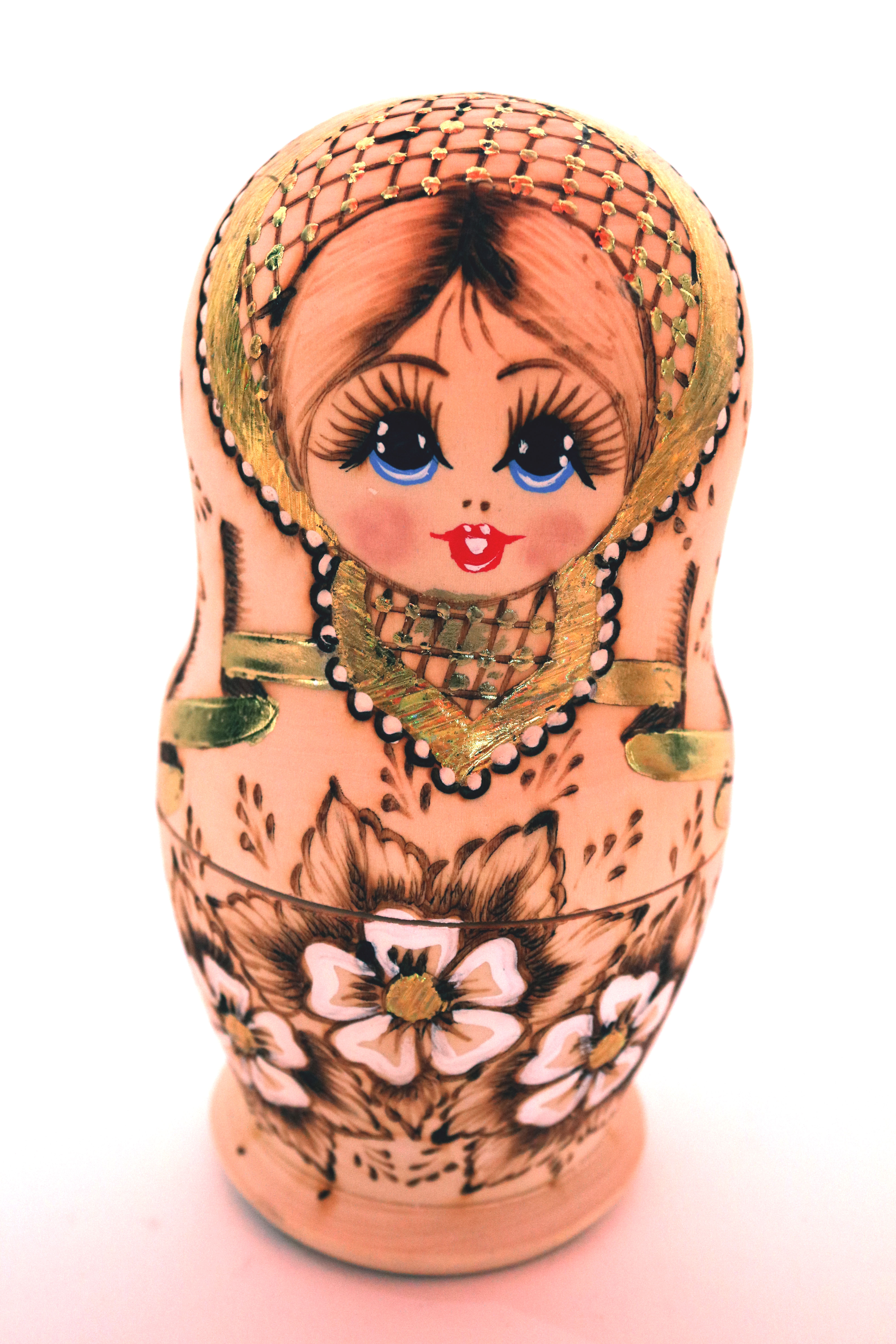 Pyrographed Five-Piece Gilt Matryoshka Doll Set