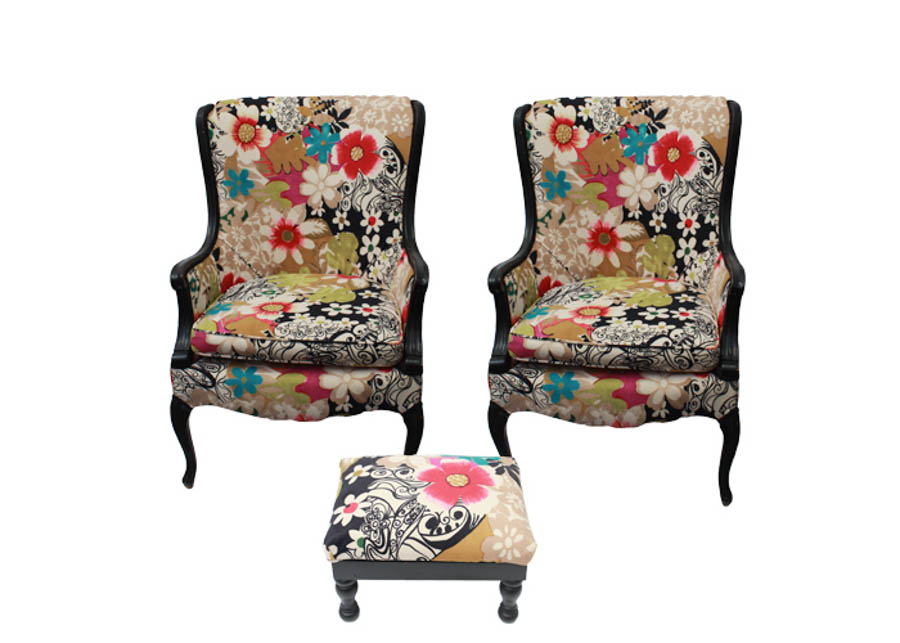Pair of Upholstered Wingback Chairs and Ottoman