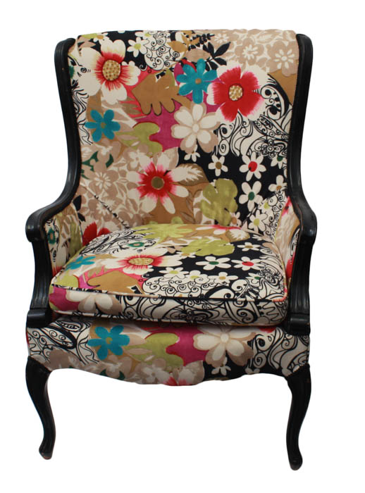 Pair of Upholstered Wingback Chairs and Ottoman