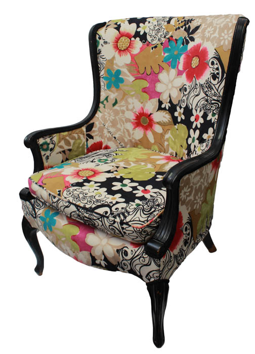 Pair of Upholstered Wingback Chairs and Ottoman