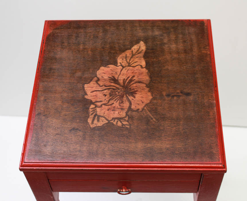 Red Floral Side Table with Tray