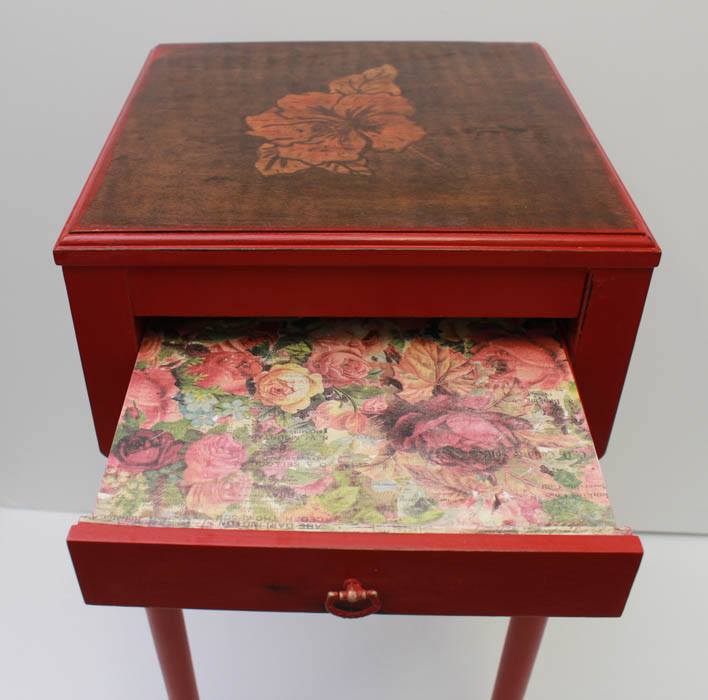 Red Floral Side Table with Tray