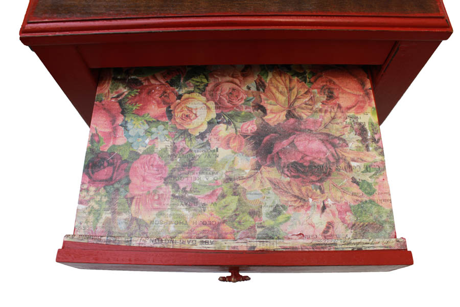 Red Floral Side Table with Tray