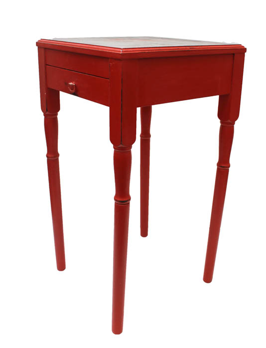 Red Floral Side Table with Tray