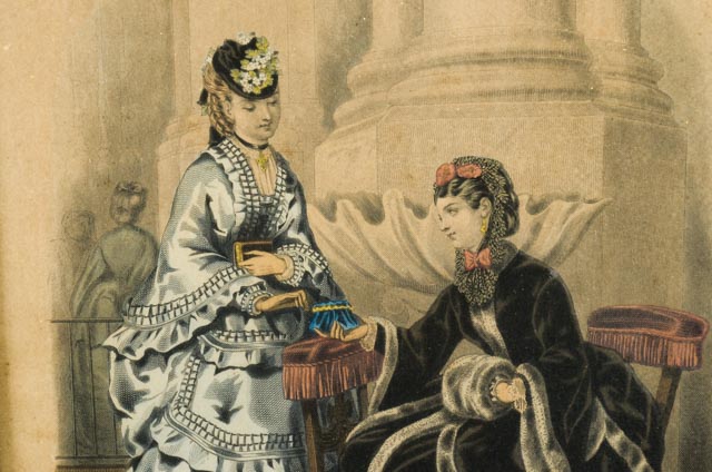 1880s Hand Colored French Fashions Framed Lithographs