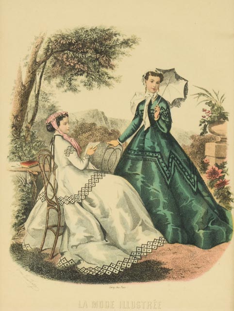 1880s Hand Colored French Fashions Framed Lithographs