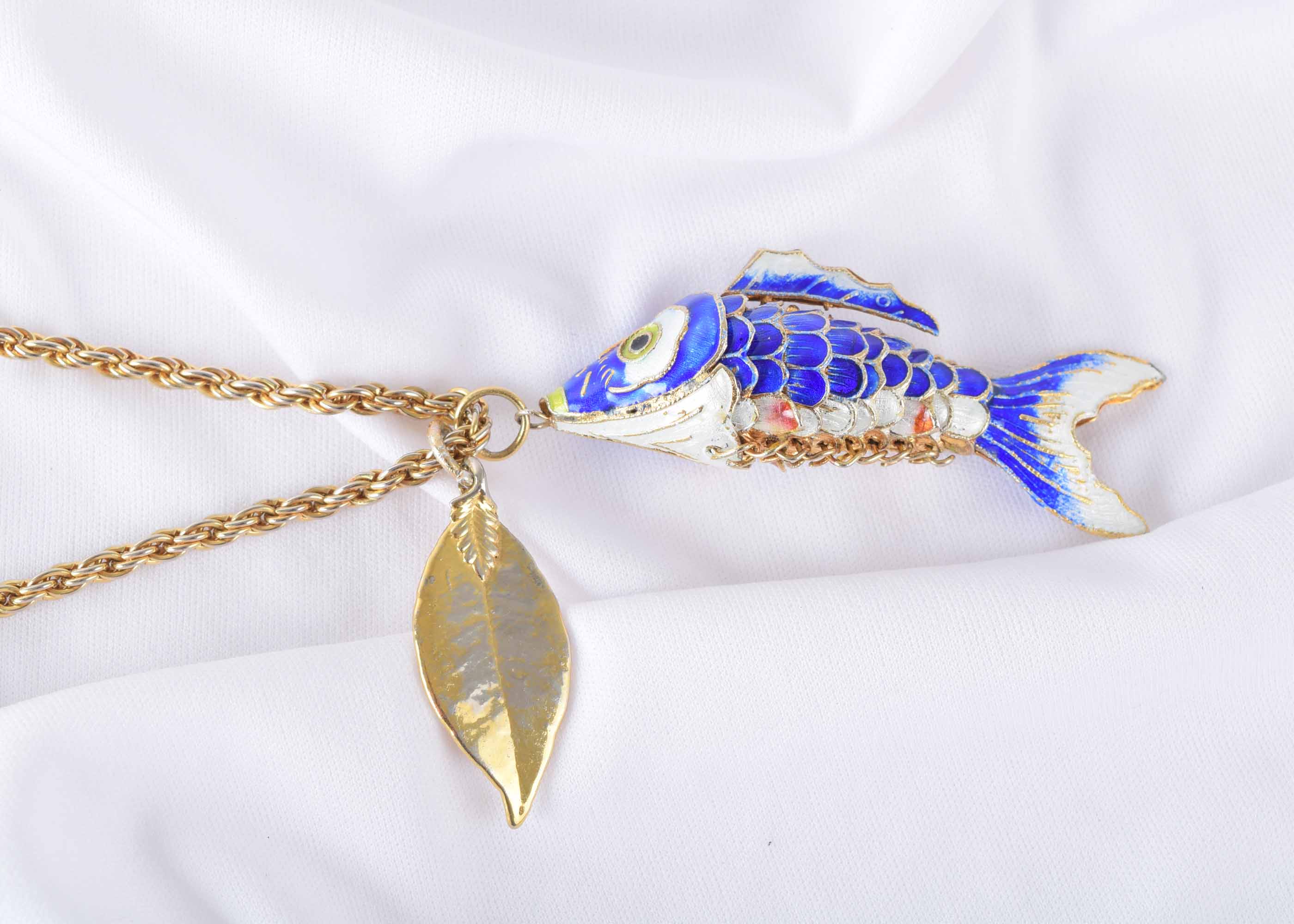 Vintage Cloisonne Fish and Gold Tone Chain