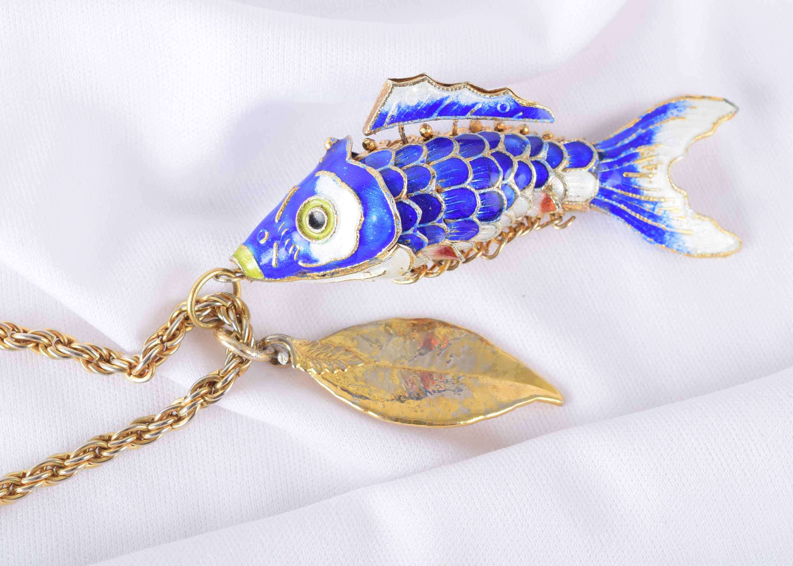 Vintage Cloisonne Fish and Gold Tone Chain