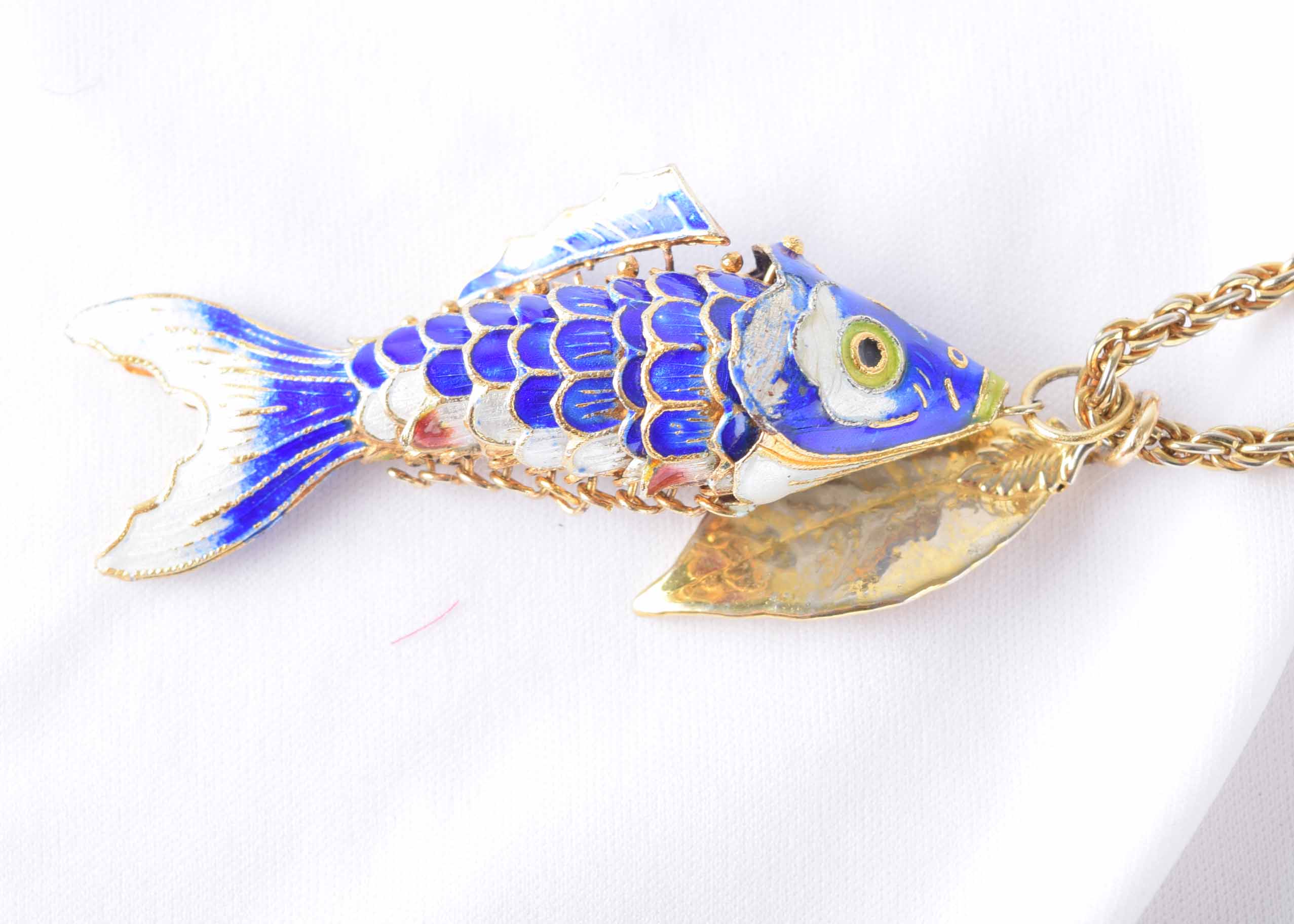 Vintage Cloisonne Fish and Gold Tone Chain
