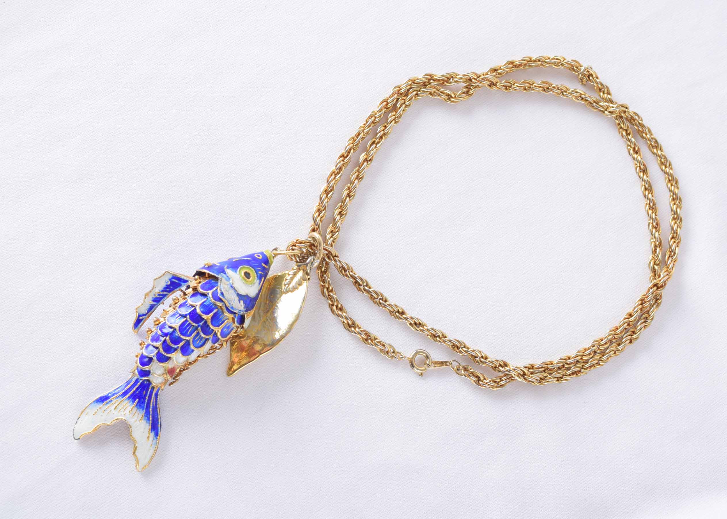 Vintage Cloisonne Fish and Gold Tone Chain