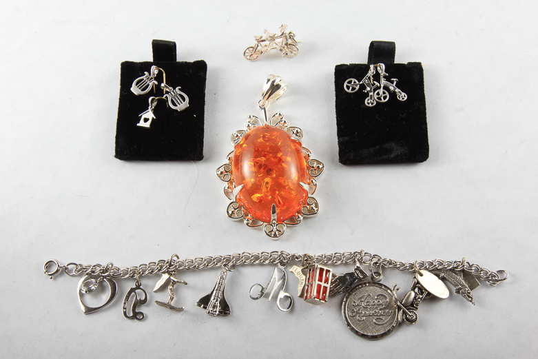 Platinum and Sterling Silver Charms and Bracelet