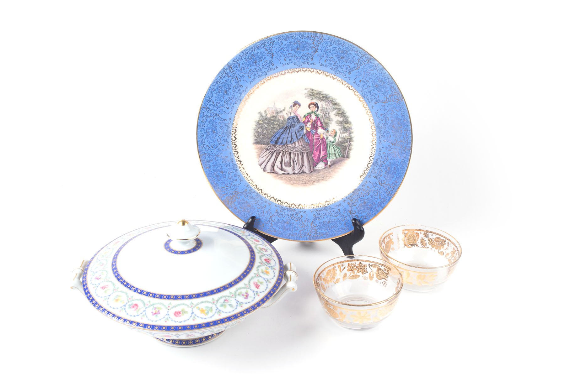 Limoges Serving Dish & Gold Toned Trimmed Dishes