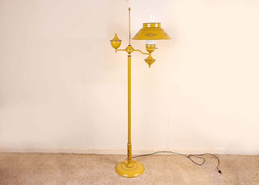 Vintage Yellow Metal Tole Floor Lamp