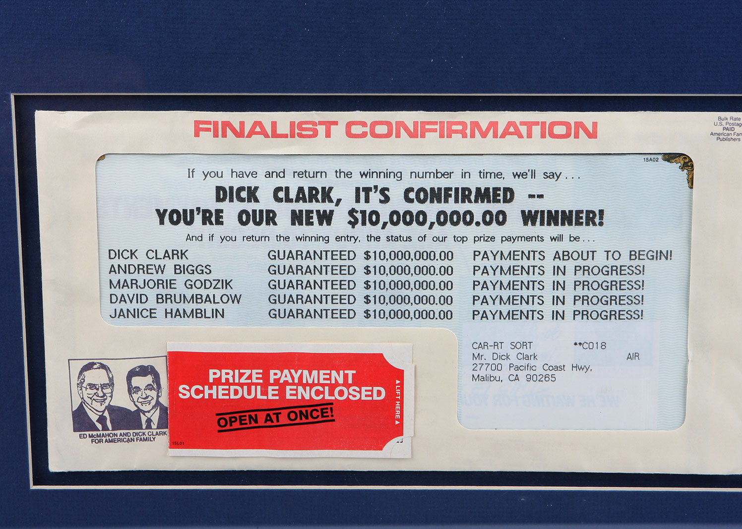 Framed American Family Publishers Mailing to Dick Clark