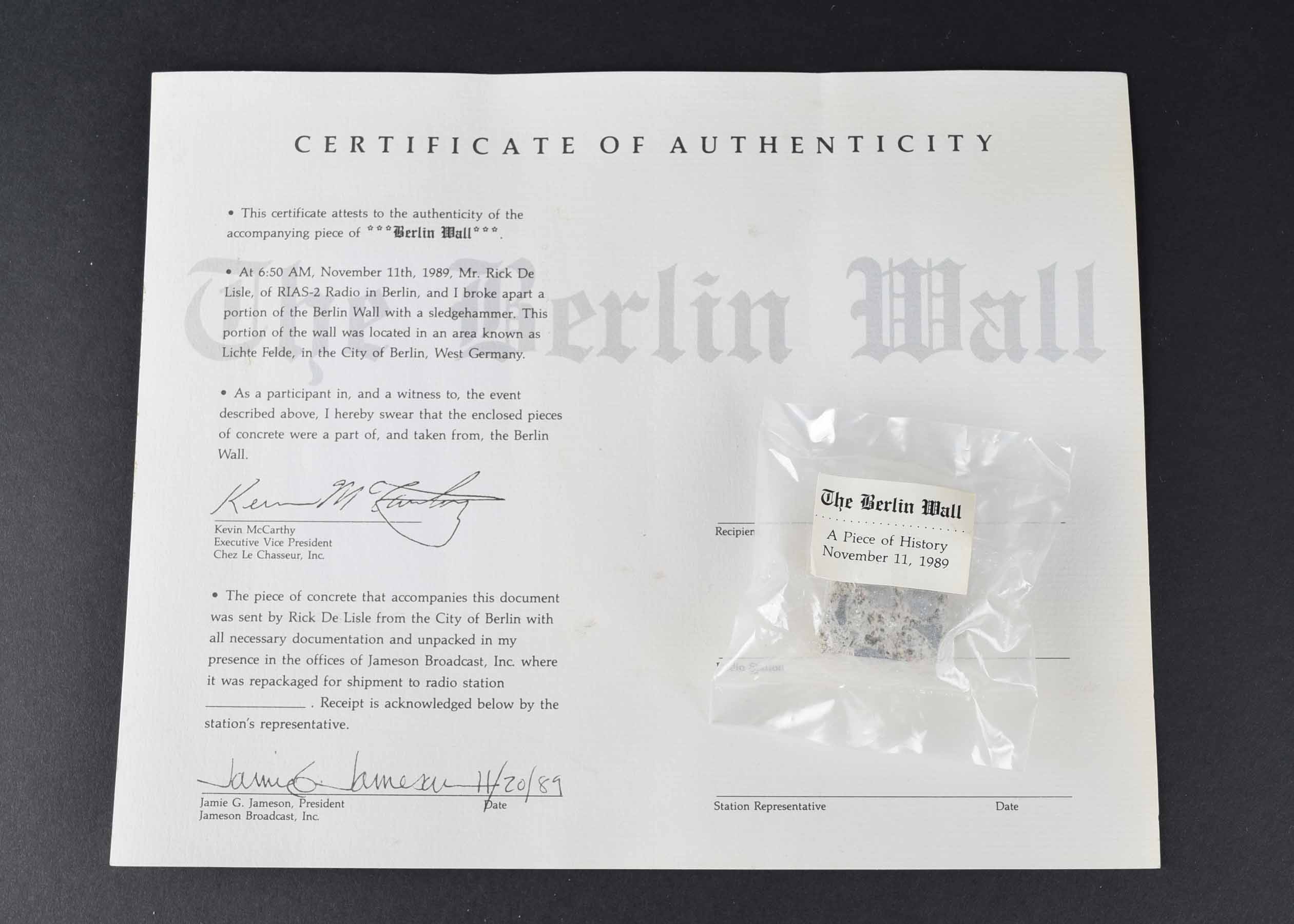 Authenticated Piece of the Berlin Wall