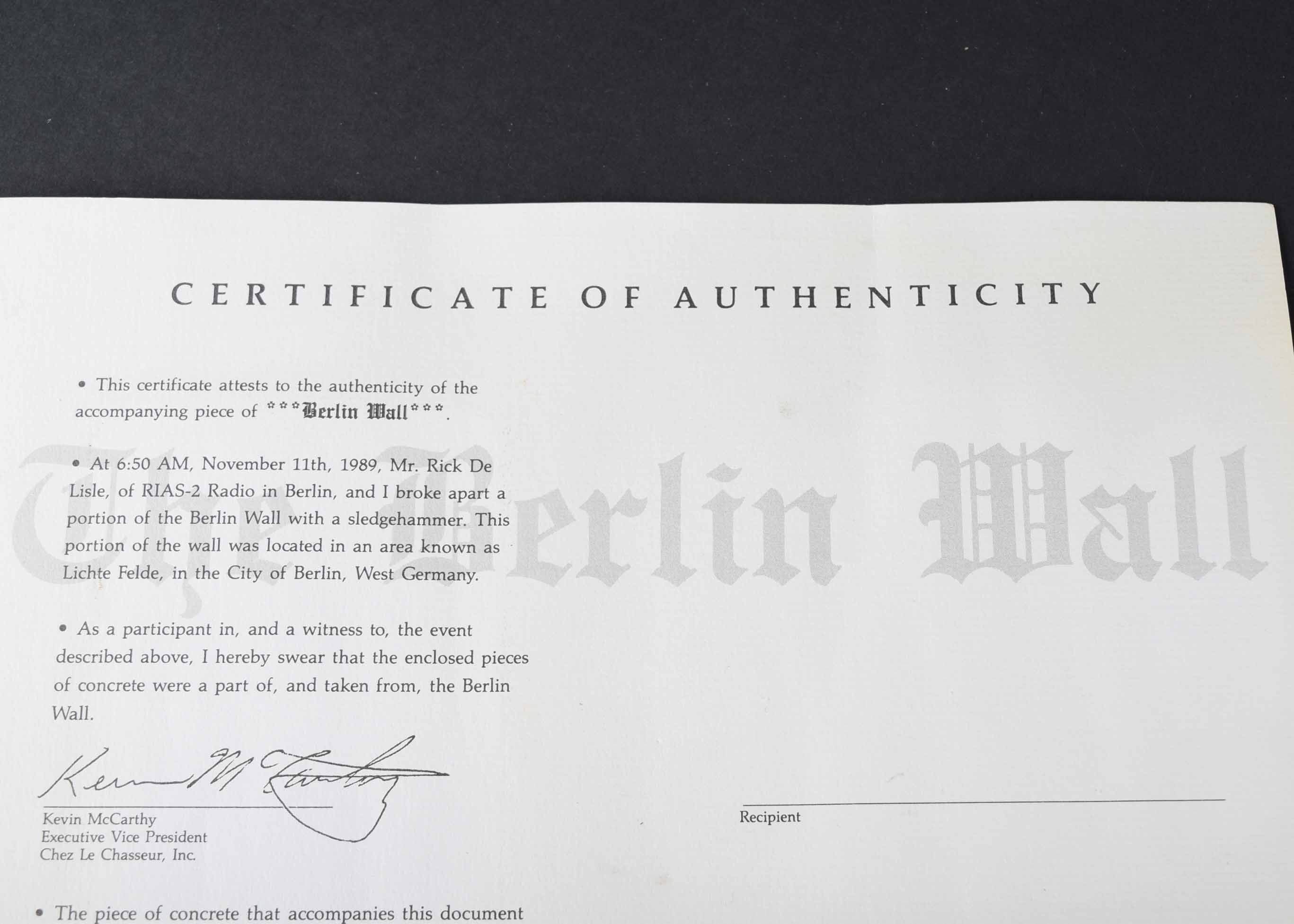 Authenticated Piece of the Berlin Wall