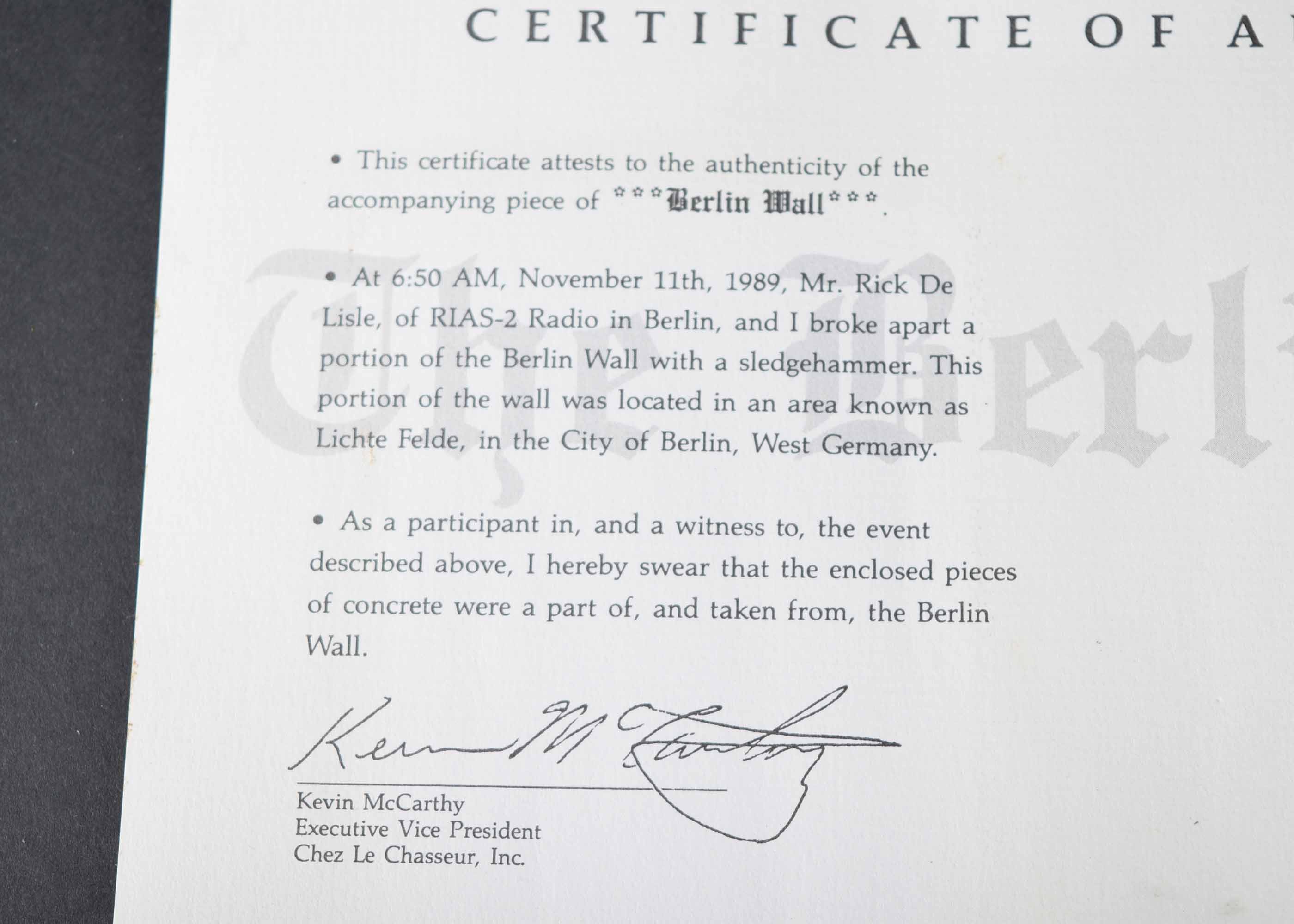 Authenticated Piece of the Berlin Wall