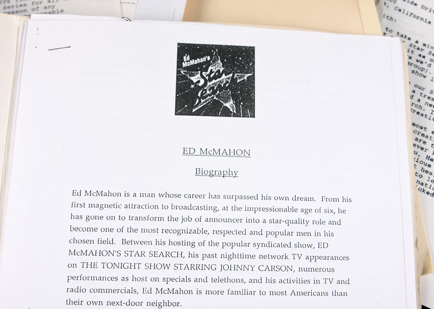 Collection of Ed McMahon's "Star Search" Documents, Letters and Memos