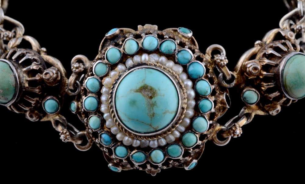 Sterling Silver, Turquoise, and Seed Pearl Openwork Bracelet