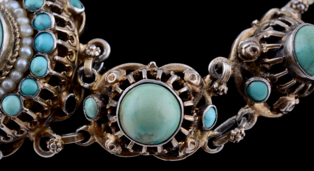 Sterling Silver, Turquoise, and Seed Pearl Openwork Bracelet