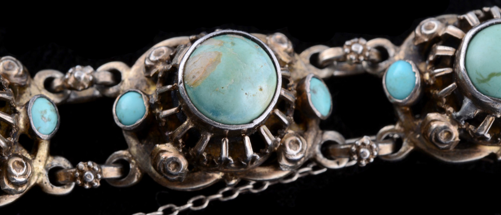 Sterling Silver, Turquoise, and Seed Pearl Openwork Bracelet