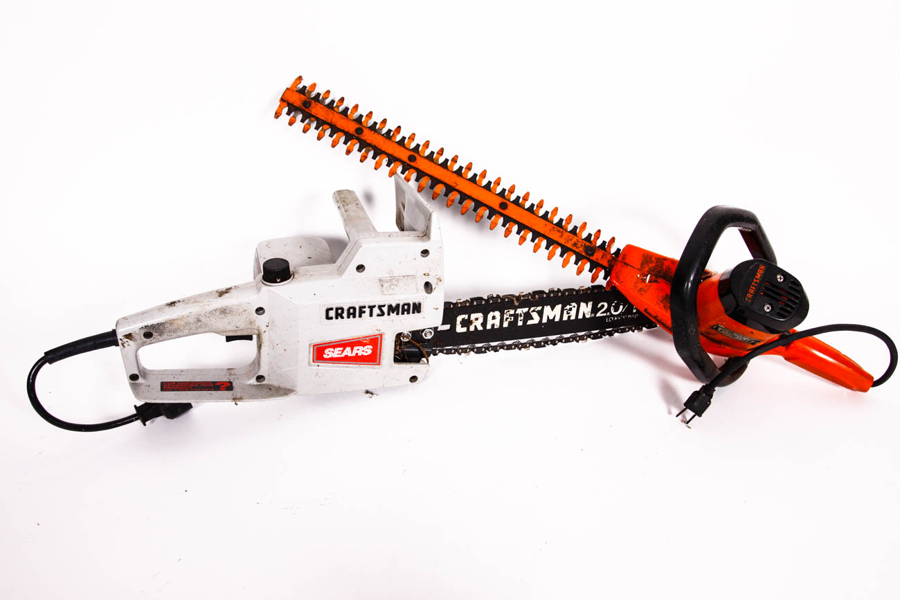 Chainsaw and Pair of Lawn Trimmers