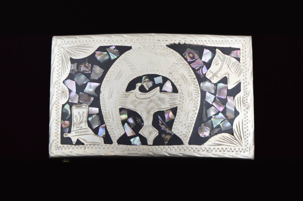 Sterling Silver and Mother of Pearl Cowboy Themed Belt Buckle