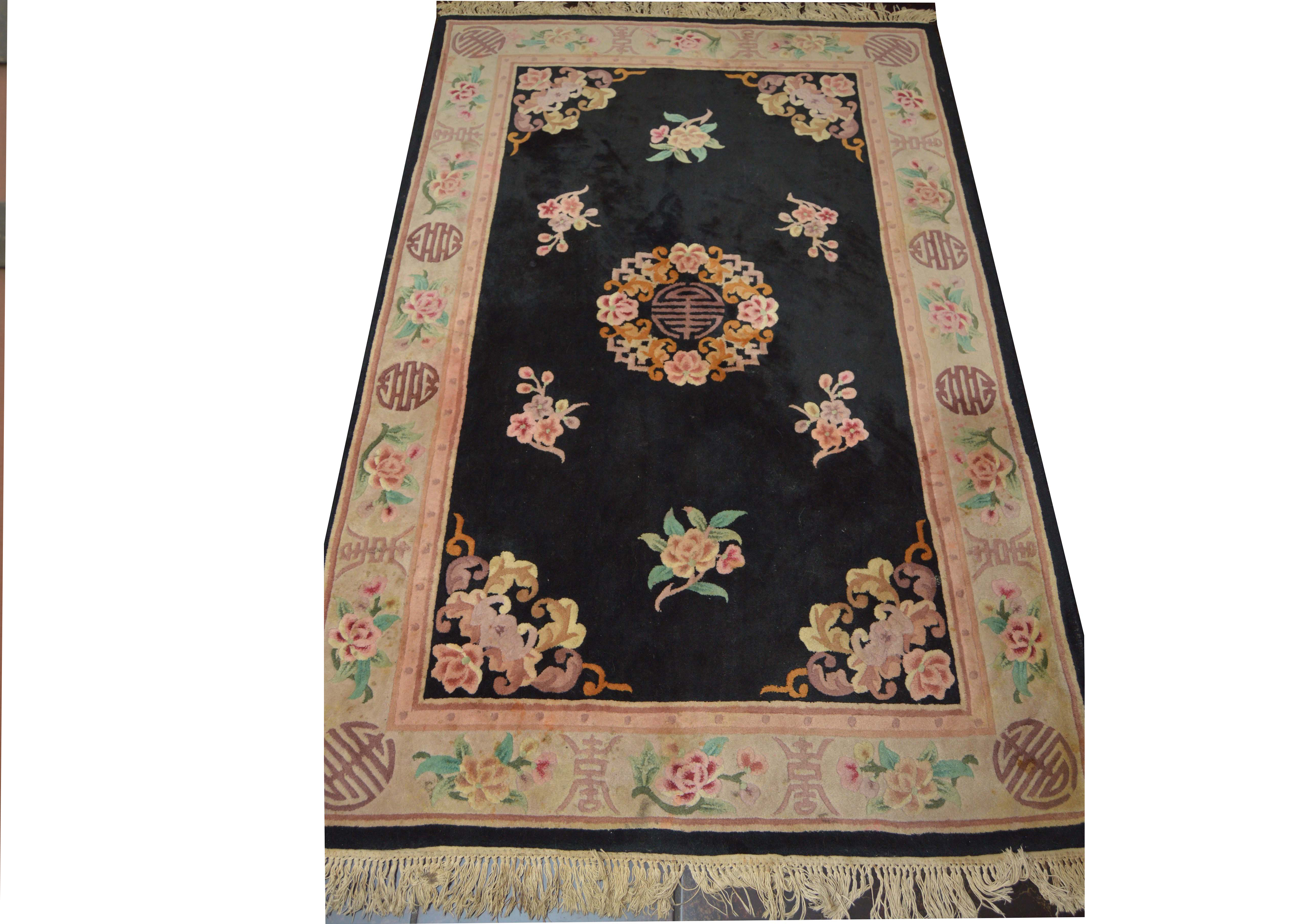 Black Area Rug with East Asian Floral Motif