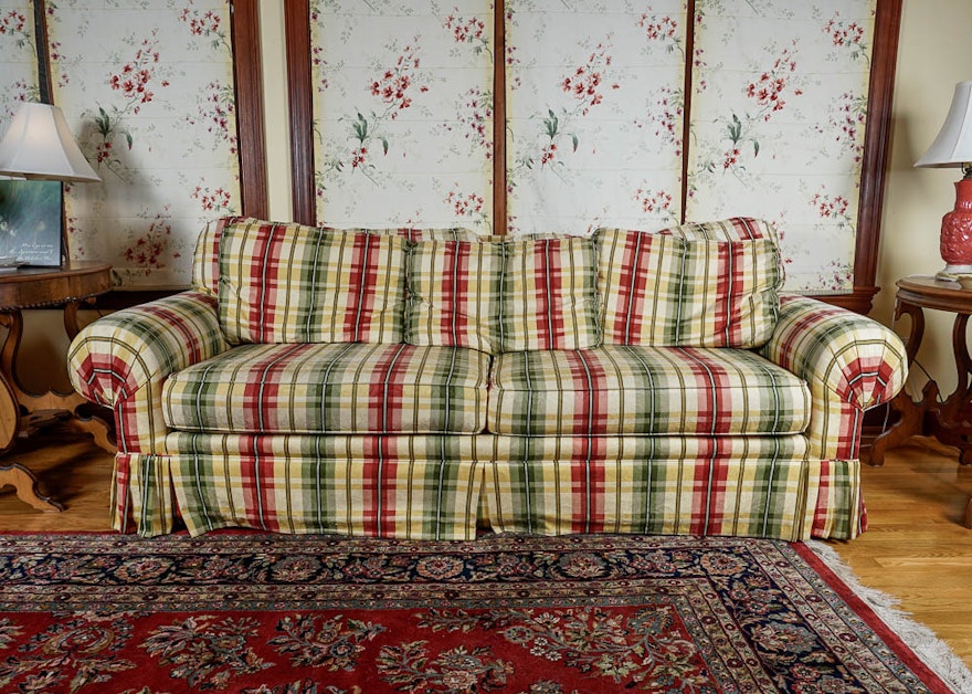 Colorful Striped Plaid Couch in Red, Green and Yellow