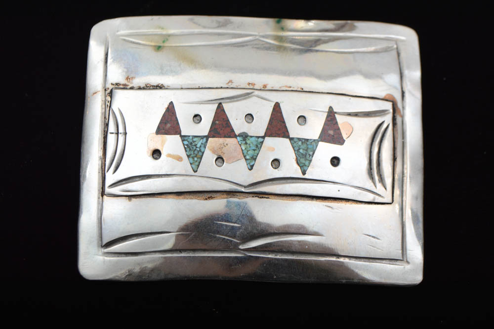 Silver Tone Inlaid Gemstone Belt Buckle