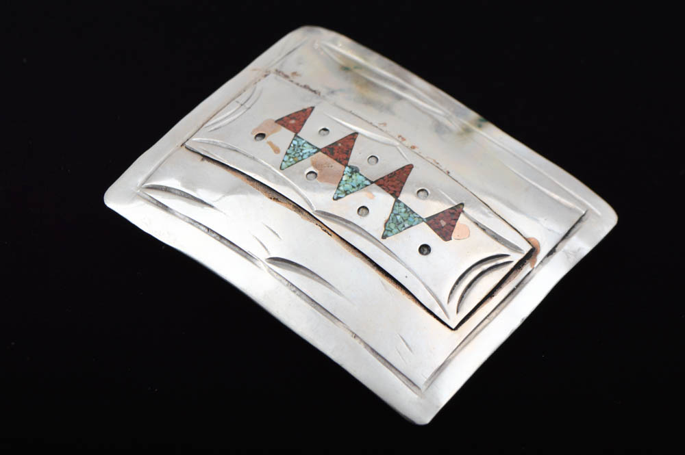 Silver Tone Inlaid Gemstone Belt Buckle