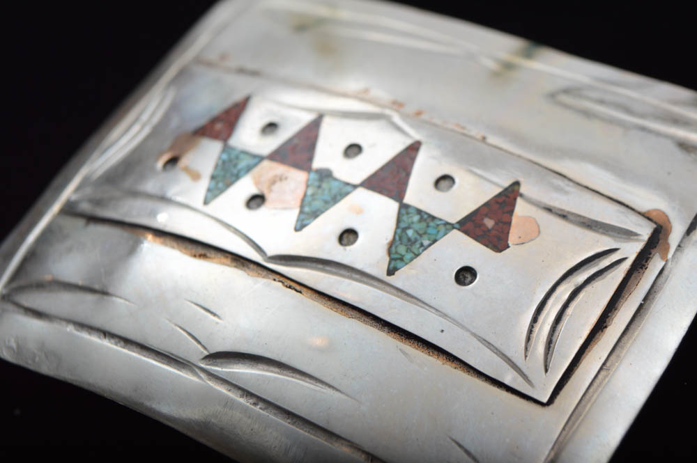 Silver Tone Inlaid Gemstone Belt Buckle