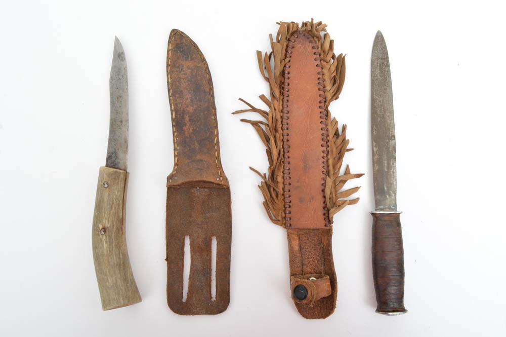 Pair of Antler and Leather Handled Hunting Knives