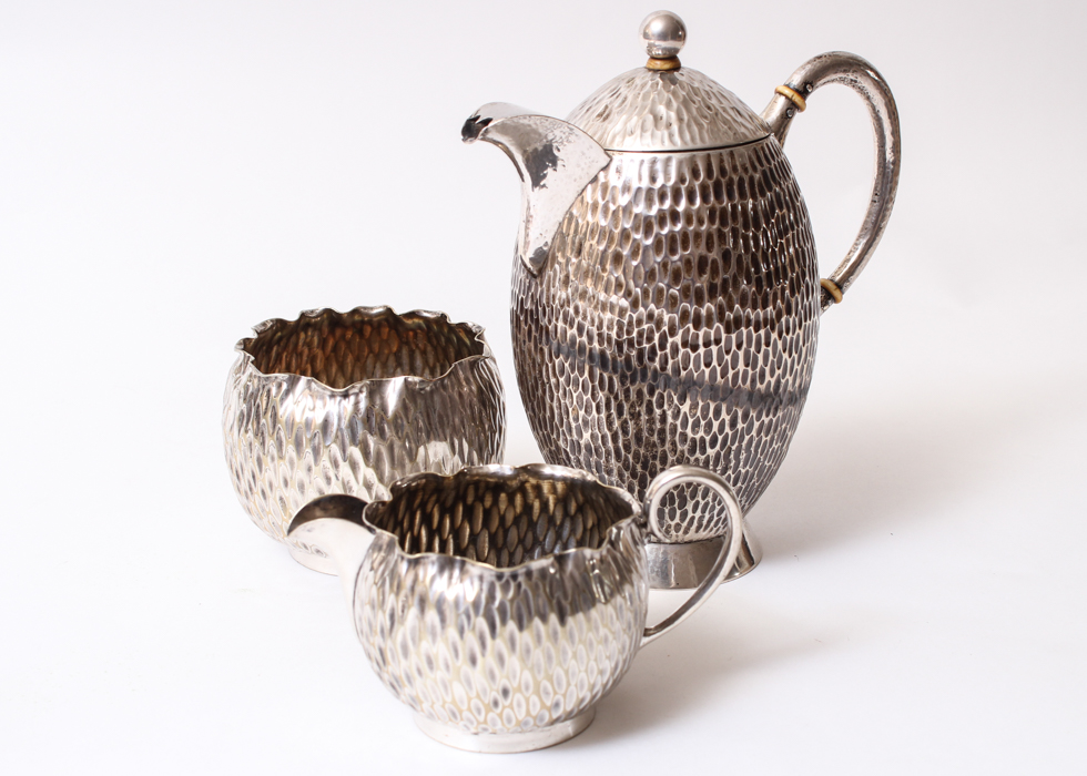 .800 Silver Hammered Coffee Pot and Silver Plated Creamer and Sugar Bowl