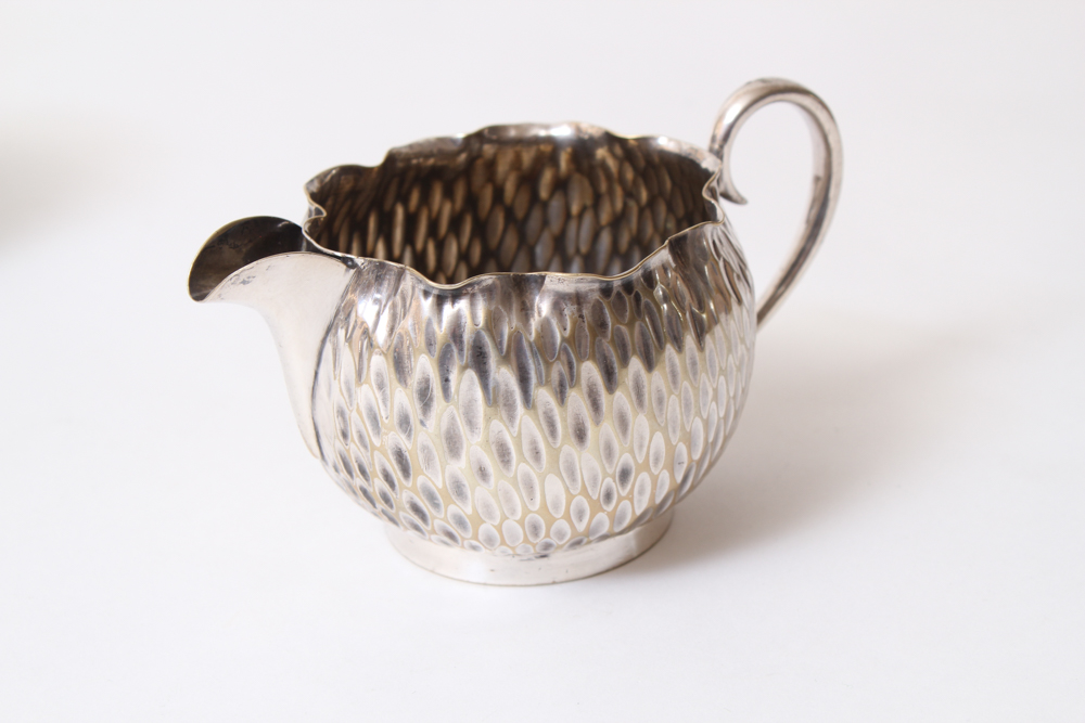 .800 Silver Hammered Coffee Pot and Silver Plated Creamer and Sugar Bowl