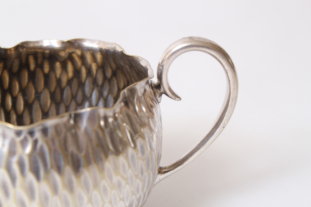 .800 Silver Hammered Coffee Pot and Silver Plated Creamer and Sugar Bowl