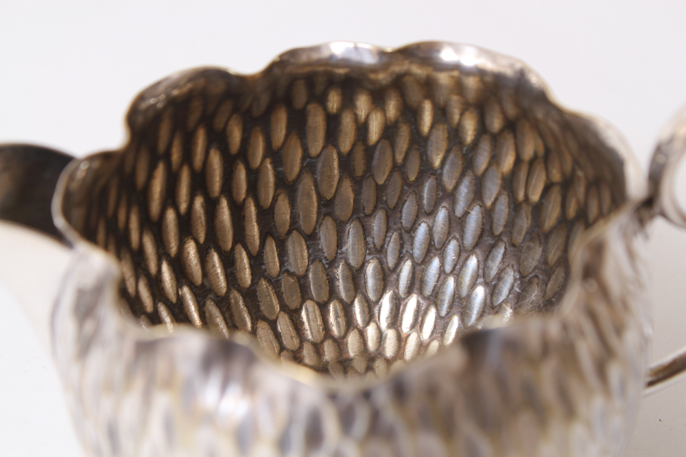 .800 Silver Hammered Coffee Pot and Silver Plated Creamer and Sugar Bowl