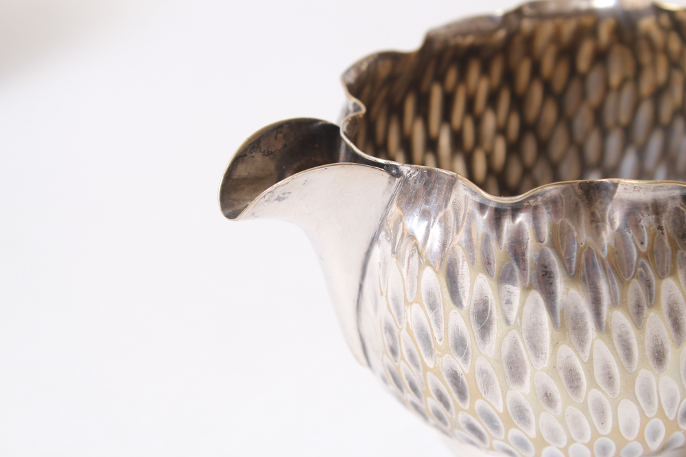 .800 Silver Hammered Coffee Pot and Silver Plated Creamer and Sugar Bowl